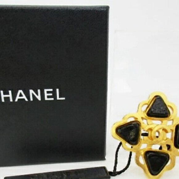 CHANEL CC Logos Black Cross Square Brooch Gold Tone Pin 95P Auth - Picture 2 of 5